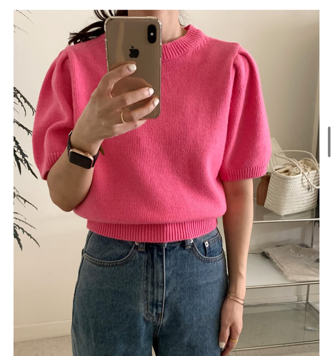 퍼프 크롭 반팔 니트 핑크 상품이미지4