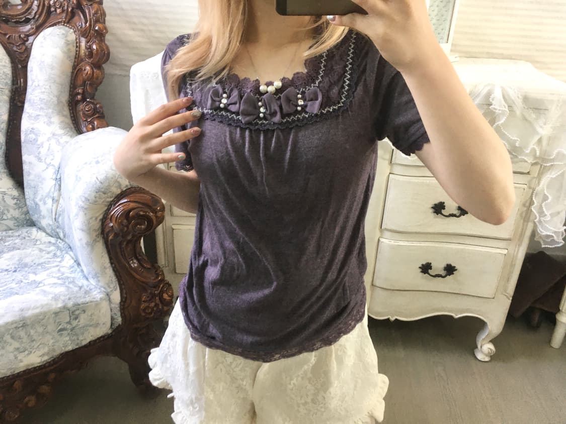 일본빈티지 퍼플 로걀 리본 반팔 상품이미지2