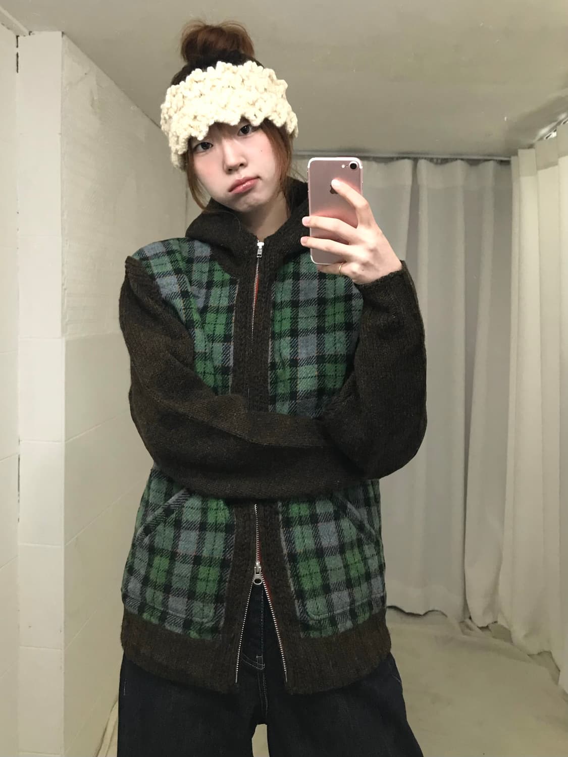 해리스 트위드 브라운 체크 아메카지 누빔 후드집업 상품이미지1