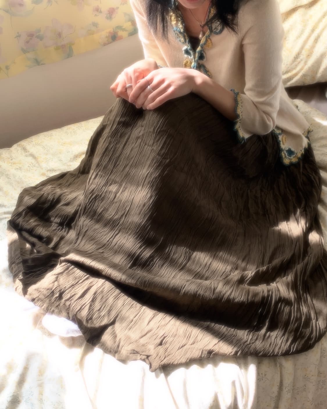 카키 리플 주름 롱 스커트 상품이미지2