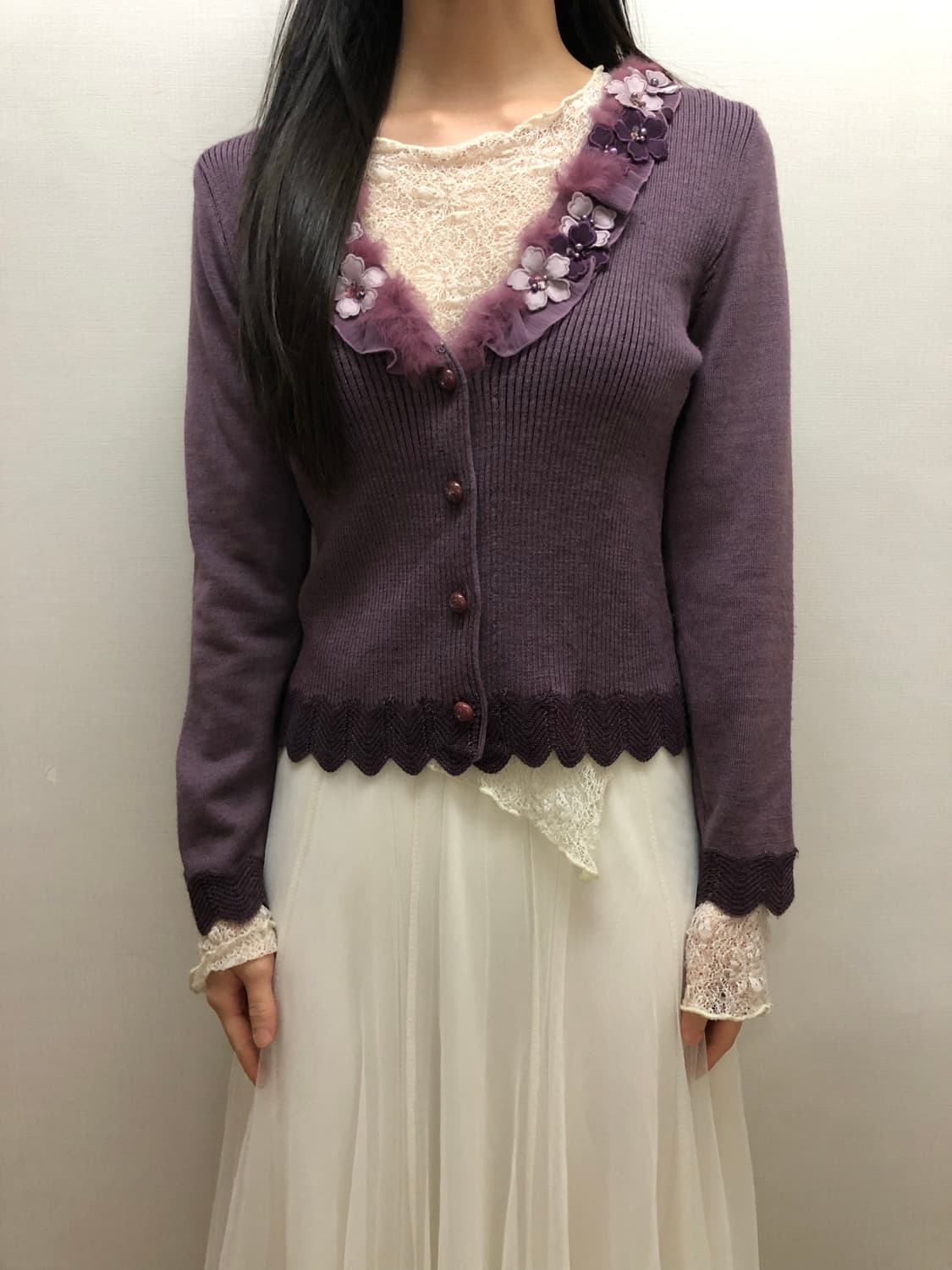 빈티지 퍼플 플라워 니트 가디건 상품이미지2