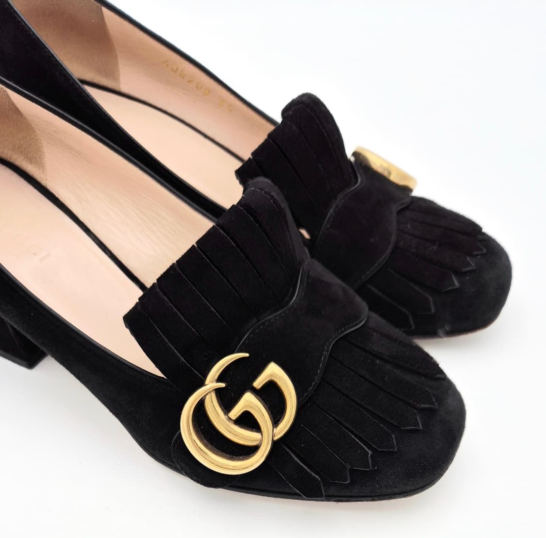 구찌 GG 금장 블랙 스웨이드 블록 힐 로퍼 35 상품이미지4