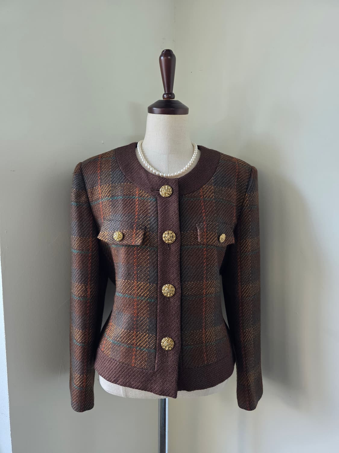 체크 뉴울100 금장 단추 자켓 상품이미지3