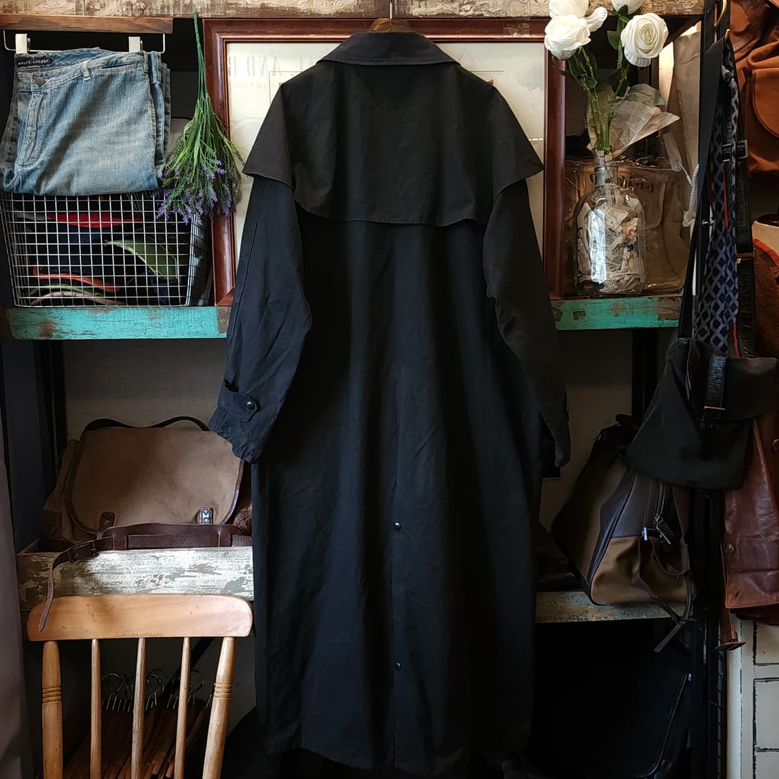 90s 잉글랜드 컨트리 왁스자켓 스톡맨 케이프 왁스코트 레인코트 블랙 L 상품이미지3