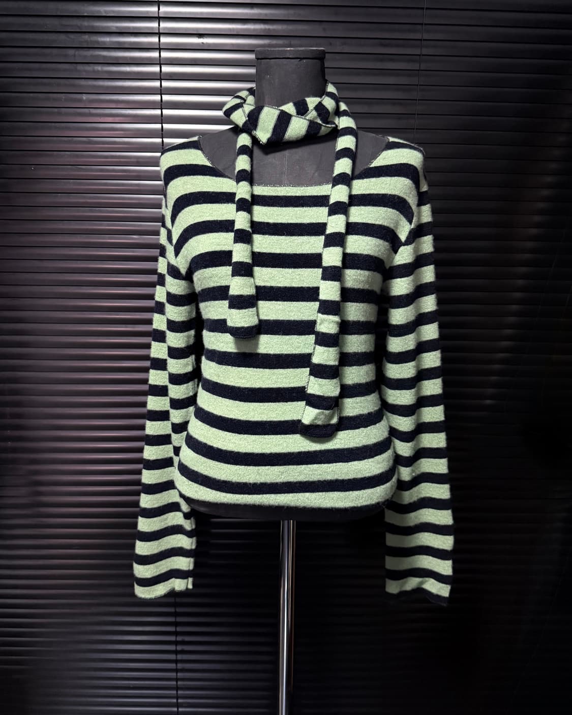 i! 민트 블랙 검정 스트라이프 단가라 머플러 목도리 스카프 보트넥 니트 상품이미지1