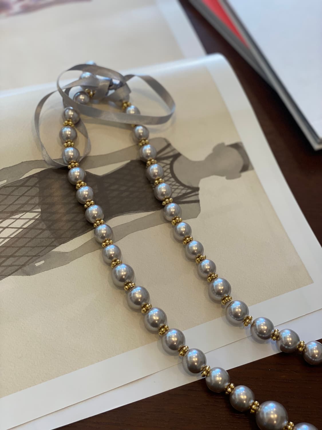빈티지 그레이 진주구슬 리본 목걸이 상품이미지5