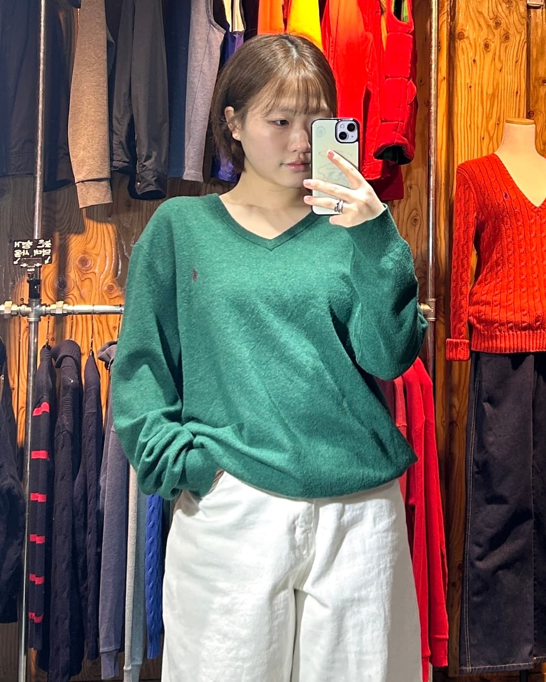 XL 폴로랄프로렌 버건디 포니 그린 브이넥 울니트 상품이미지1