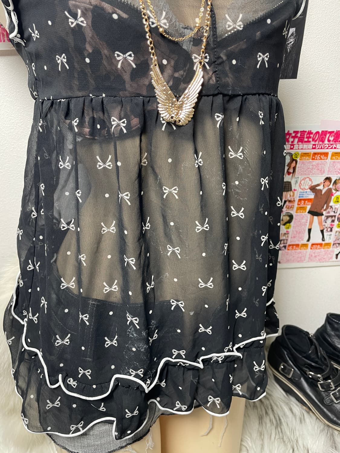 러블리 로맨틱 갸루 리본 프릴 슬리브리스 탑 상품이미지2