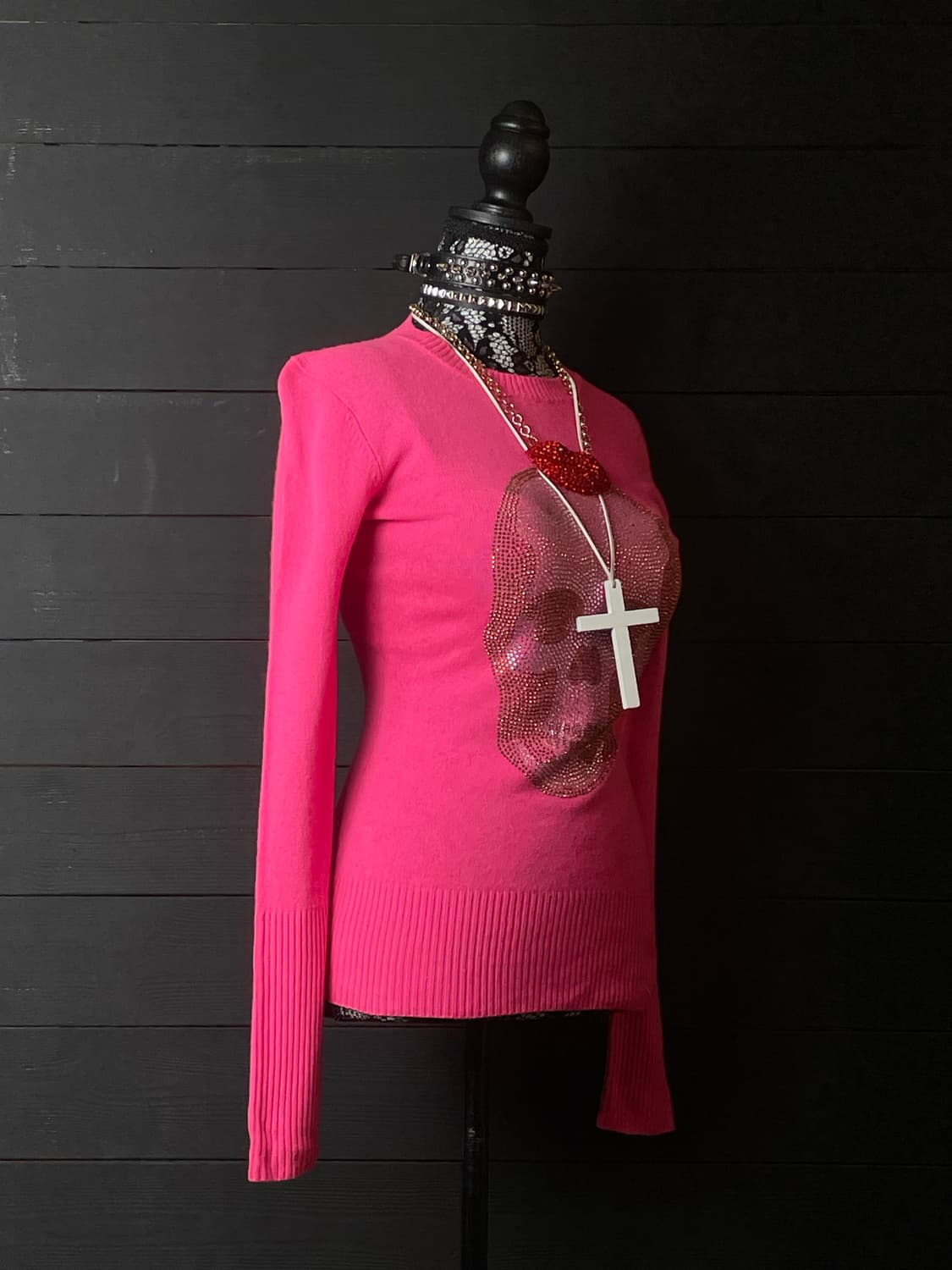 JPN 핑크 스컬 해골 핫픽스 큐빅 캐시미어 니트 롱슬리브 상품이미지2