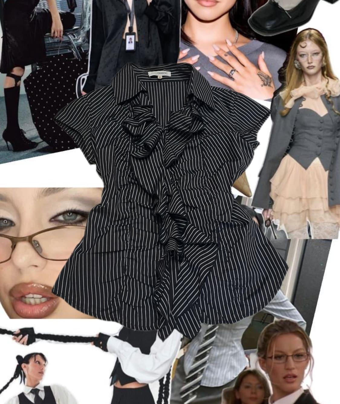 공겜여주 긱시크 프릴 슬림 스트라이프 셔츠 블랙 상품이미지1