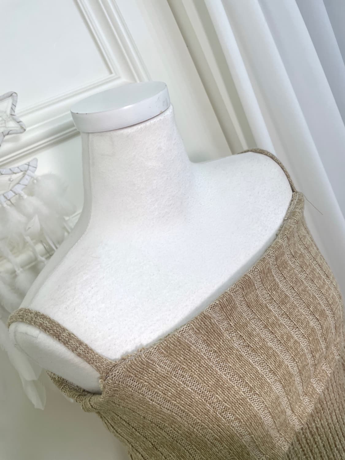 beige melange off-shoulder sleeve shirri 상품이미지7