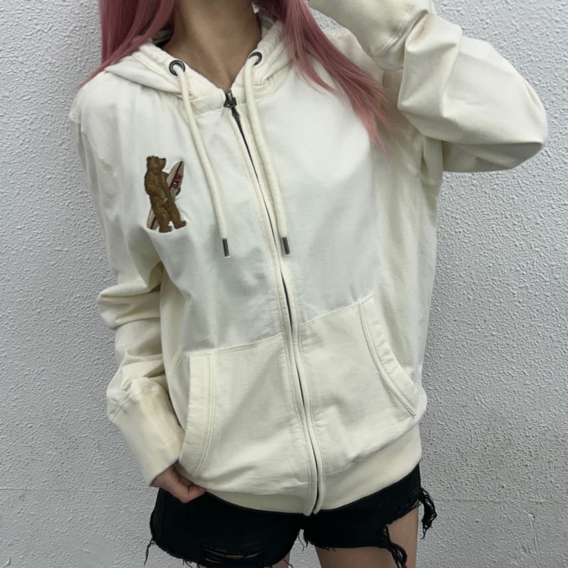 후아유 곰돌이 로고 아이보리 후드집업 XL 상품이미지1