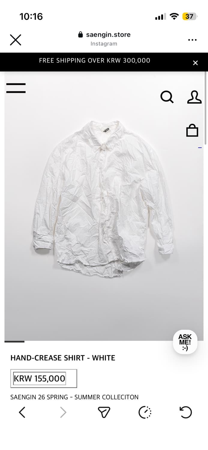 생긴스튜디오 HAND-CREASE SHIRT - WHITE   상품이미지1