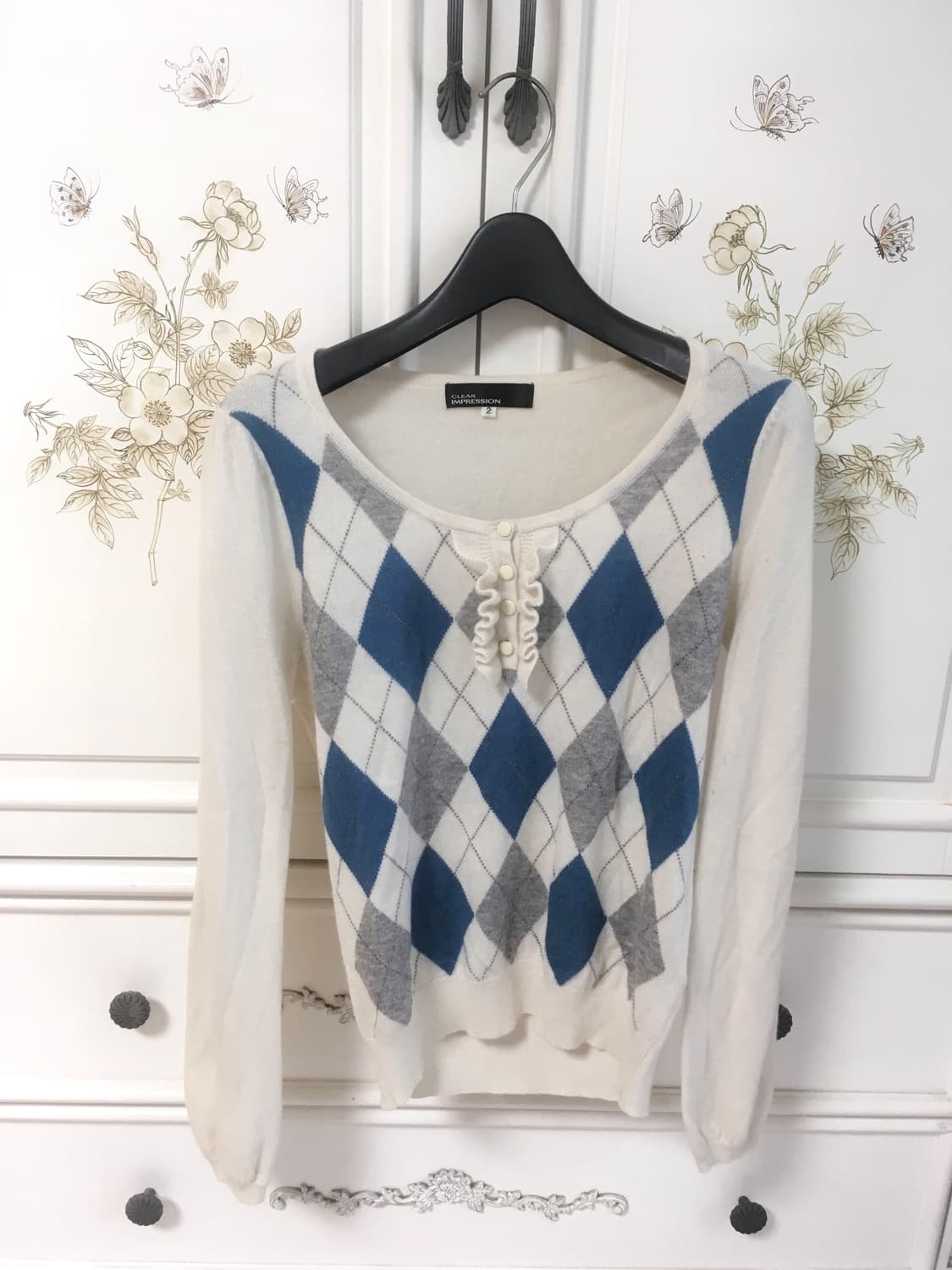 jpn vintage argyle white blue antique kn 상품이미지1