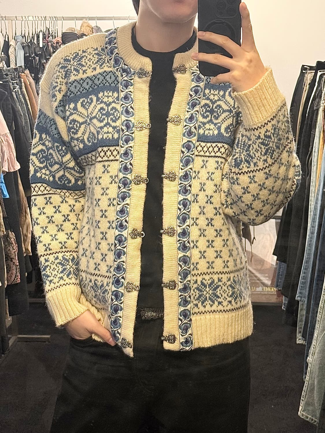 노르웨이 코위찬 눈 꽃 결정 노르딕 가디건 하늘색 아이보리 울 모 가디건 상품이미지1