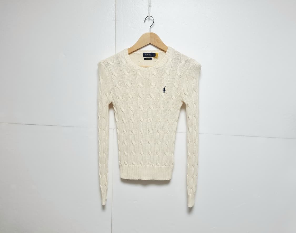 여성 QR인증 폴로 피마 코튼 아이보리 긴팔 케이블 꽈배기 니트 스웨터 상품이미지2