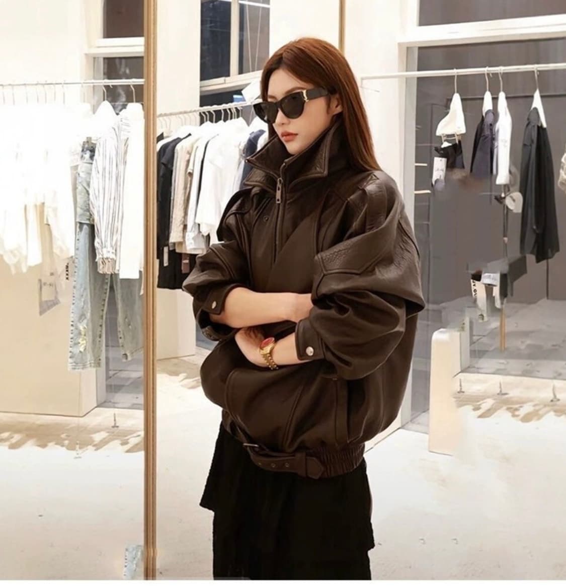 POMTOR 여성 봄 가을 클래식 캐주얼 루즈핏 PU 가죽 코트 라이더자 상품이미지3