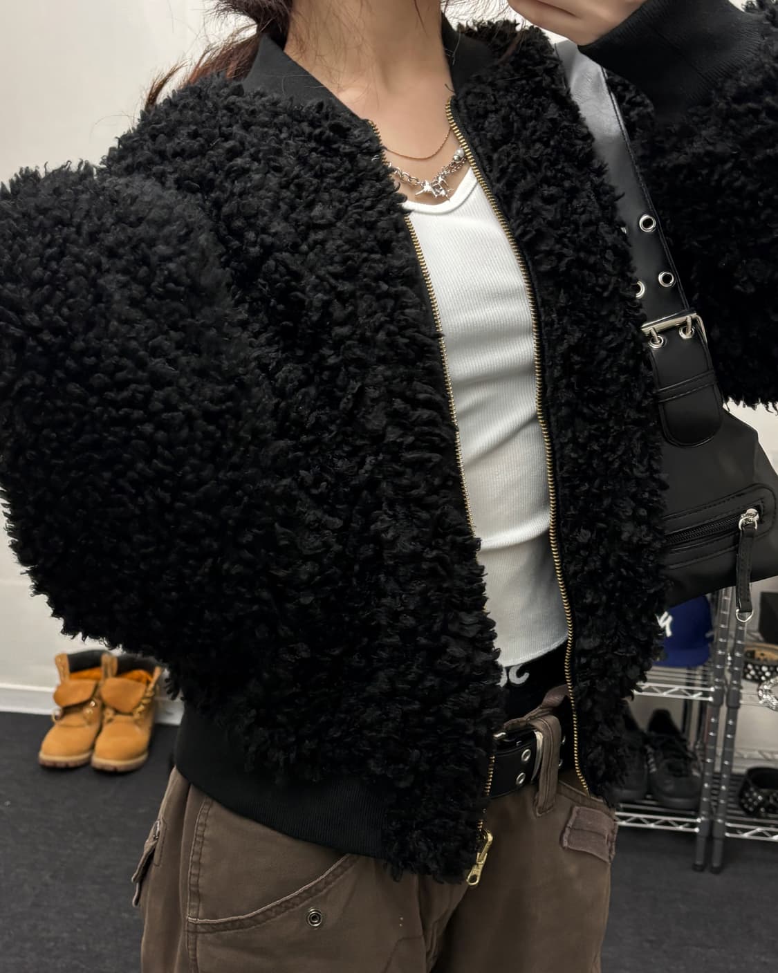 올드 빈티지 크롭 쉐르파 퍼 자켓 블랙 상품이미지2