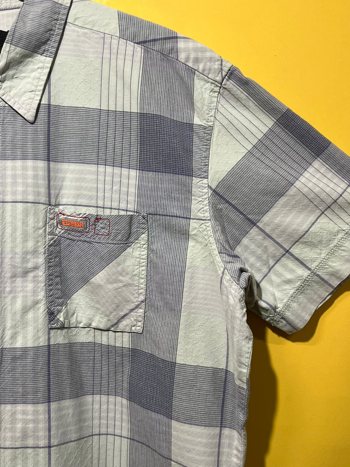 [2XL] 디젤 반팔 체크 셔츠 그레이 블루 파이핑 코튼 디테일 상품이미지3