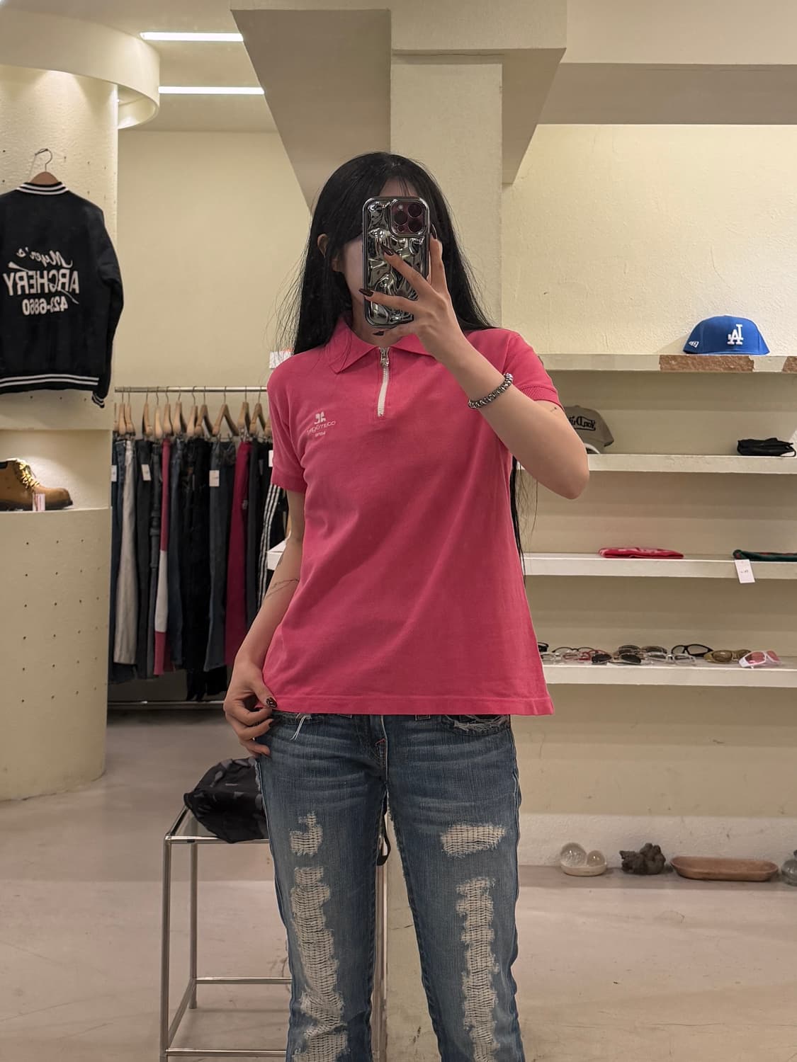 꾸레쥬 자수로고 반집업 카라 니트 반팔티 U1316 상품이미지1