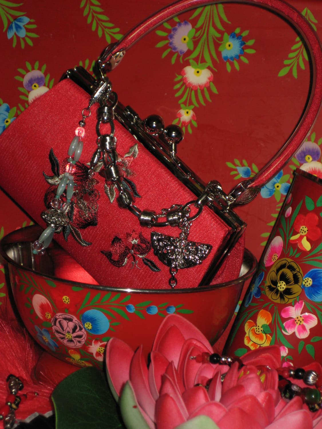 오리엔탈 레드 자수 도트 클러치백 체인메이드 상품이미지6