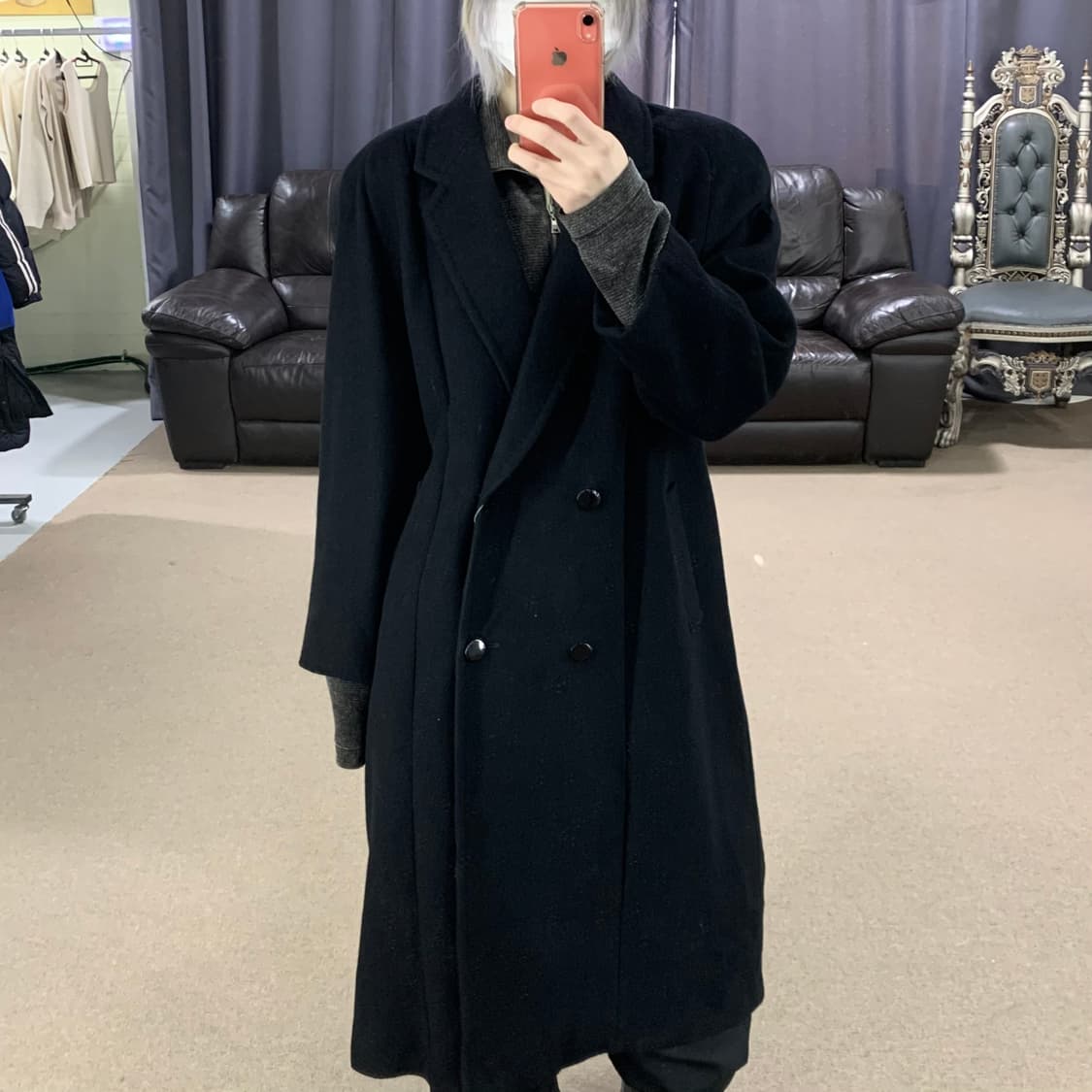 일본 빈티지 캐시미어 남녀공용 더블 브레스트 버튼 블랙 롱 코트 상품이미지3