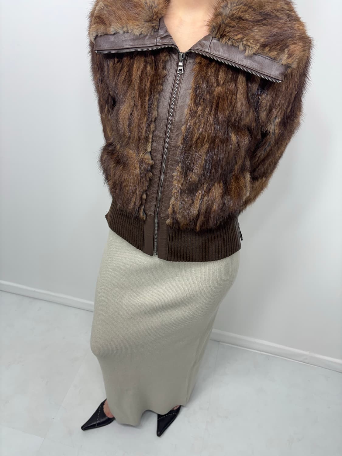 BROWN MIXED KNIT LEATHER FUR JACKET 상품이미지2