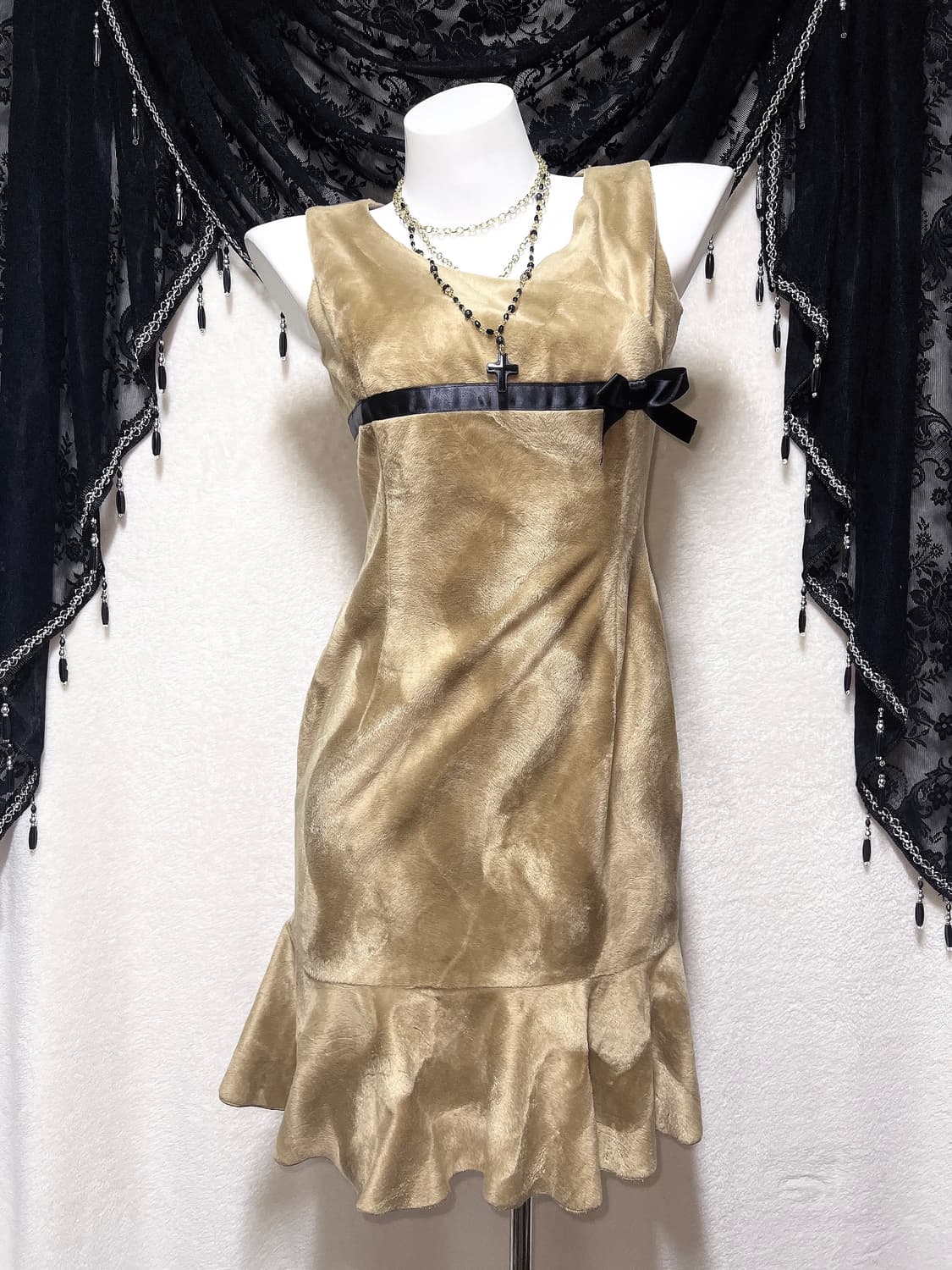 로맨틱갸루 로걀 오네 벨벳 브라운 프릴 리본드레스 원피스 라떼 파티 연말 상품이미지5