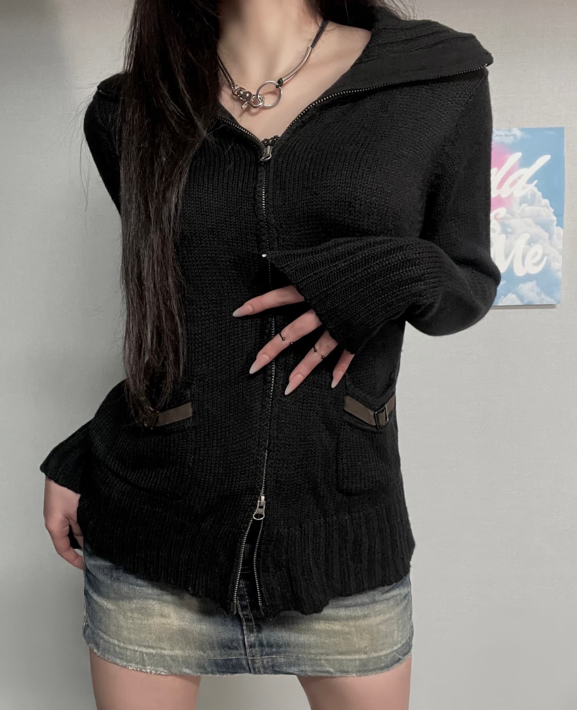 y2k 펑크 블랙 버클 니트 투웨이 집업 상품이미지5