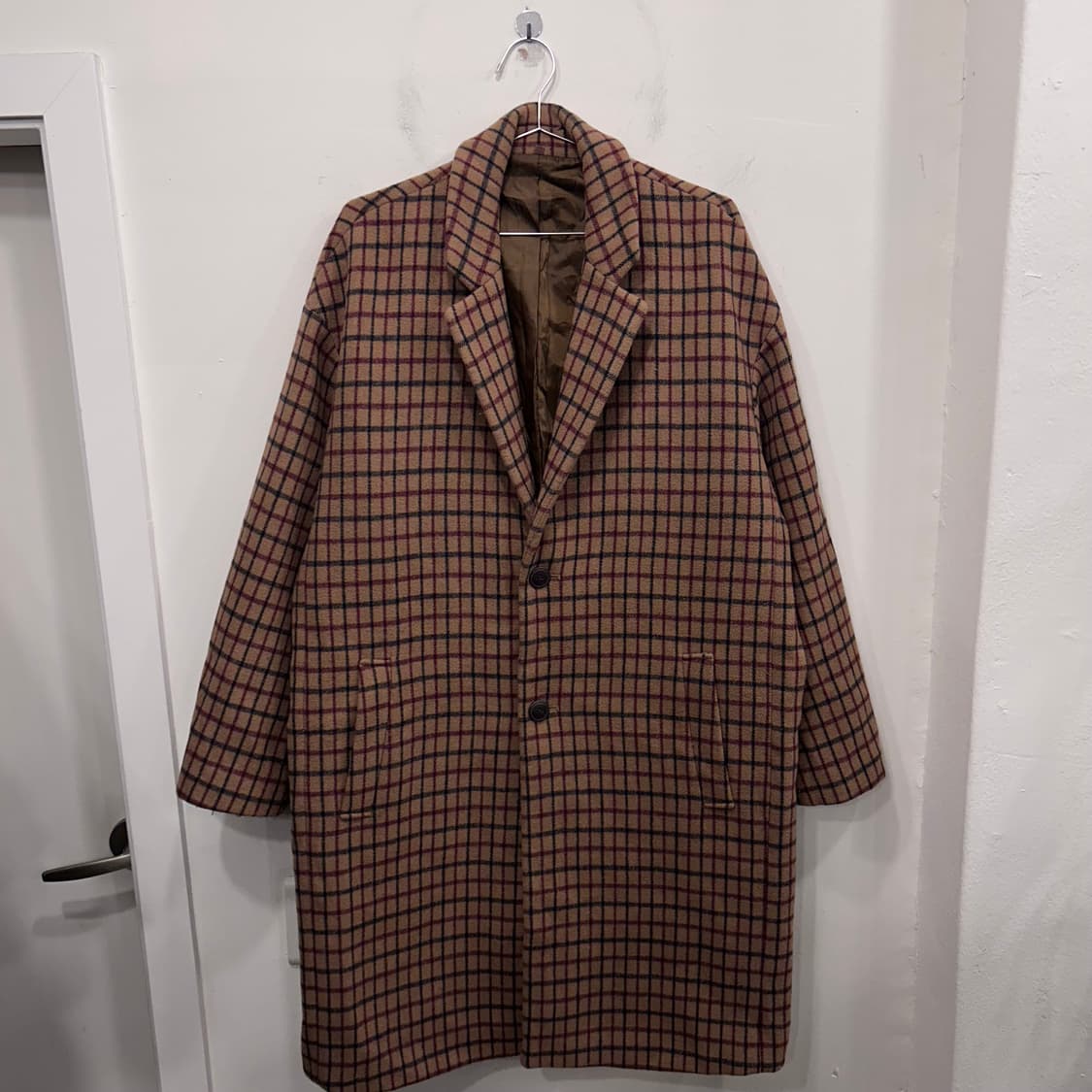 후아유 양모 배색 체크 울 투버튼 롱코트 상품이미지2