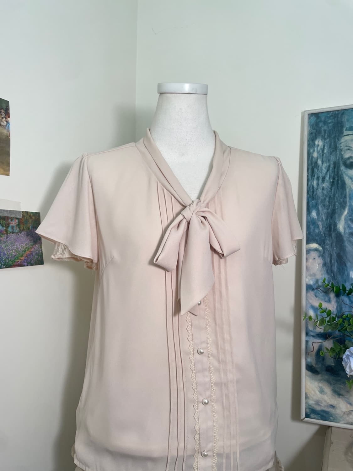 LODISPOTTO pink cream bow lace trim blou 상품이미지5