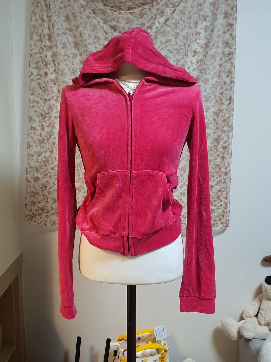 [y2k] 벨벳 후드 집업 레드 핑크 상품이미지1