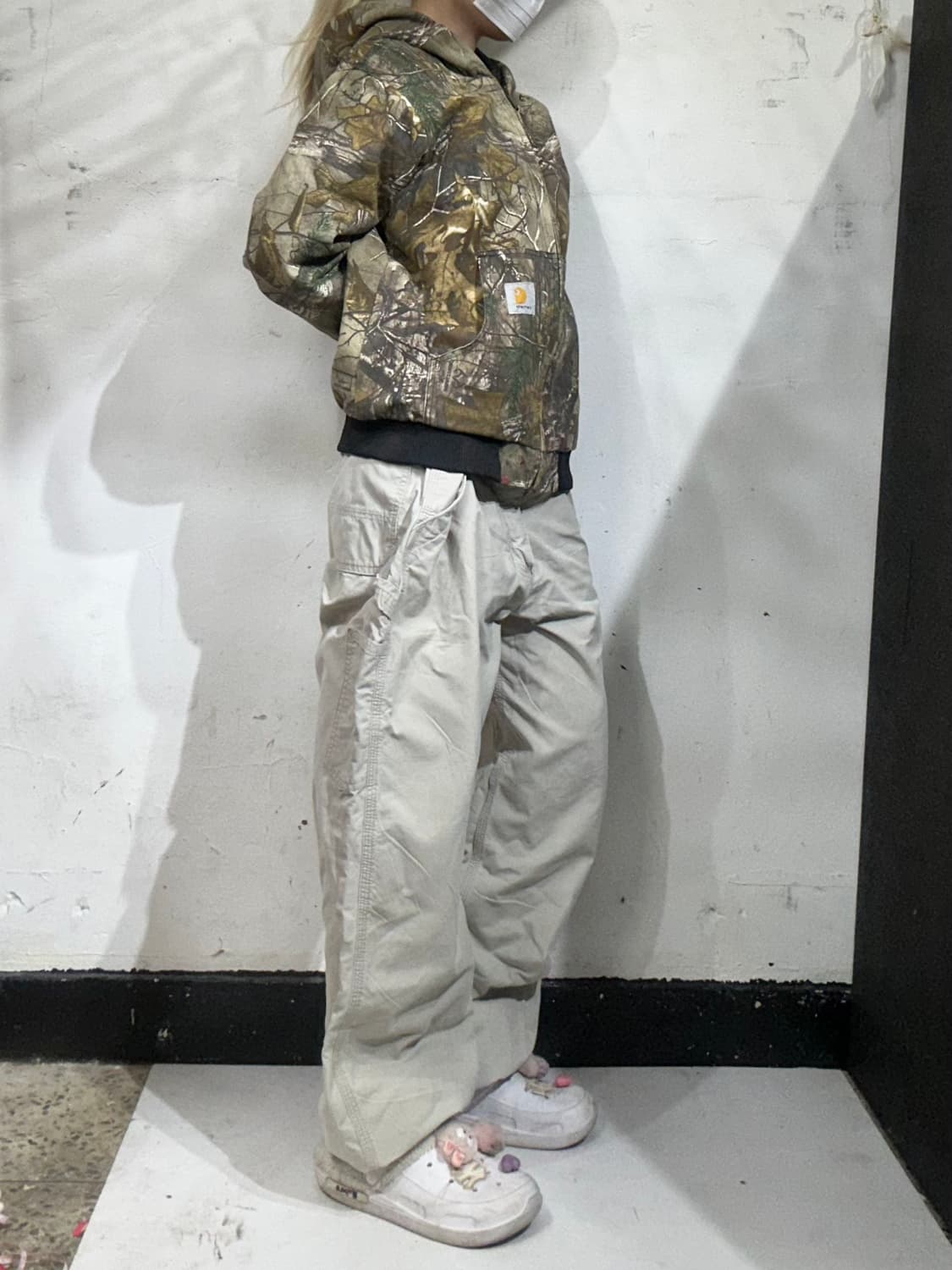 칼하트 아이보리 빅 사이즈 b151 워크 팬츠 가죽탭 와이드 바지  상품이미지1