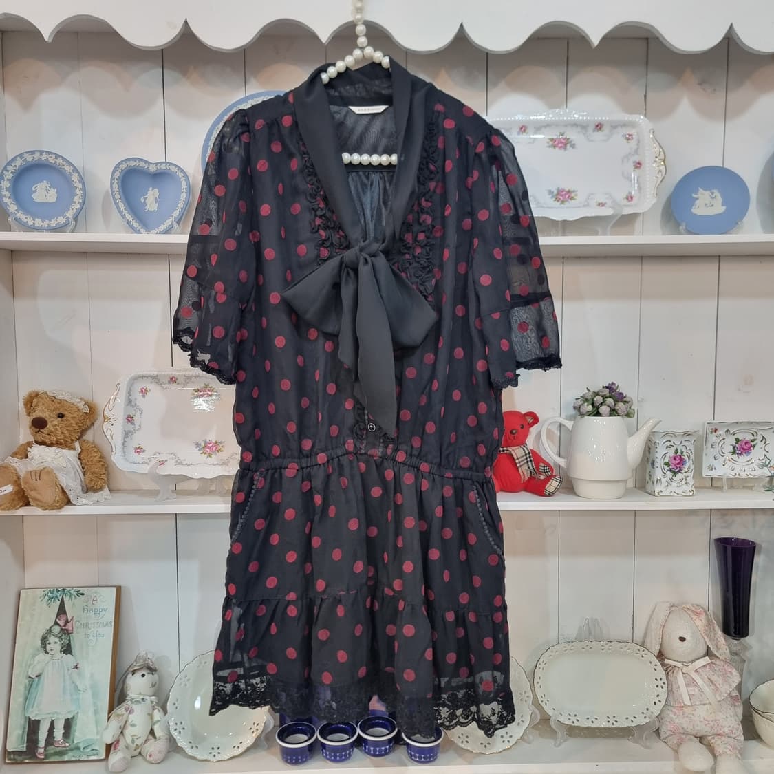 엑시즈팜 플로키 도트 쉬폰 리본 원피스 상품이미지1