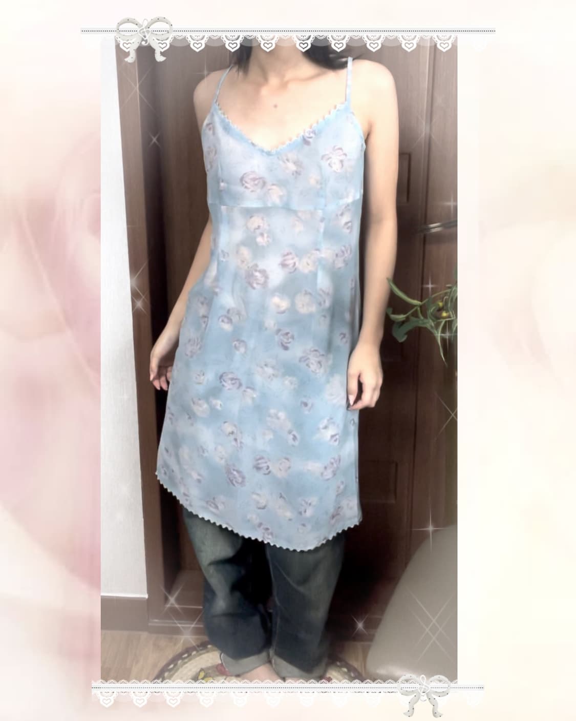 JP vintage blue flowery slip onepiece 상품이미지5