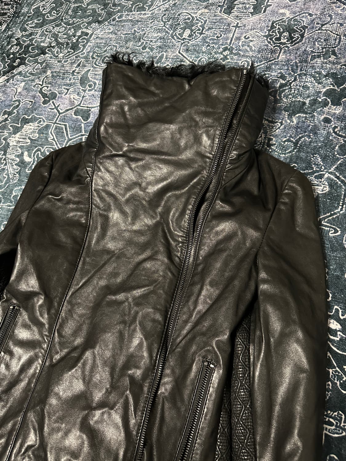 High neck fur lamb leather jacket 상품이미지4