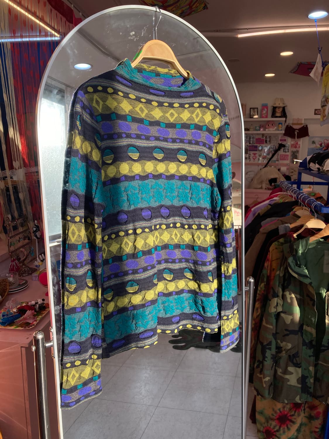 빈티지 블루그린 그런지 패턴 반 폴라 탑 상품이미지1