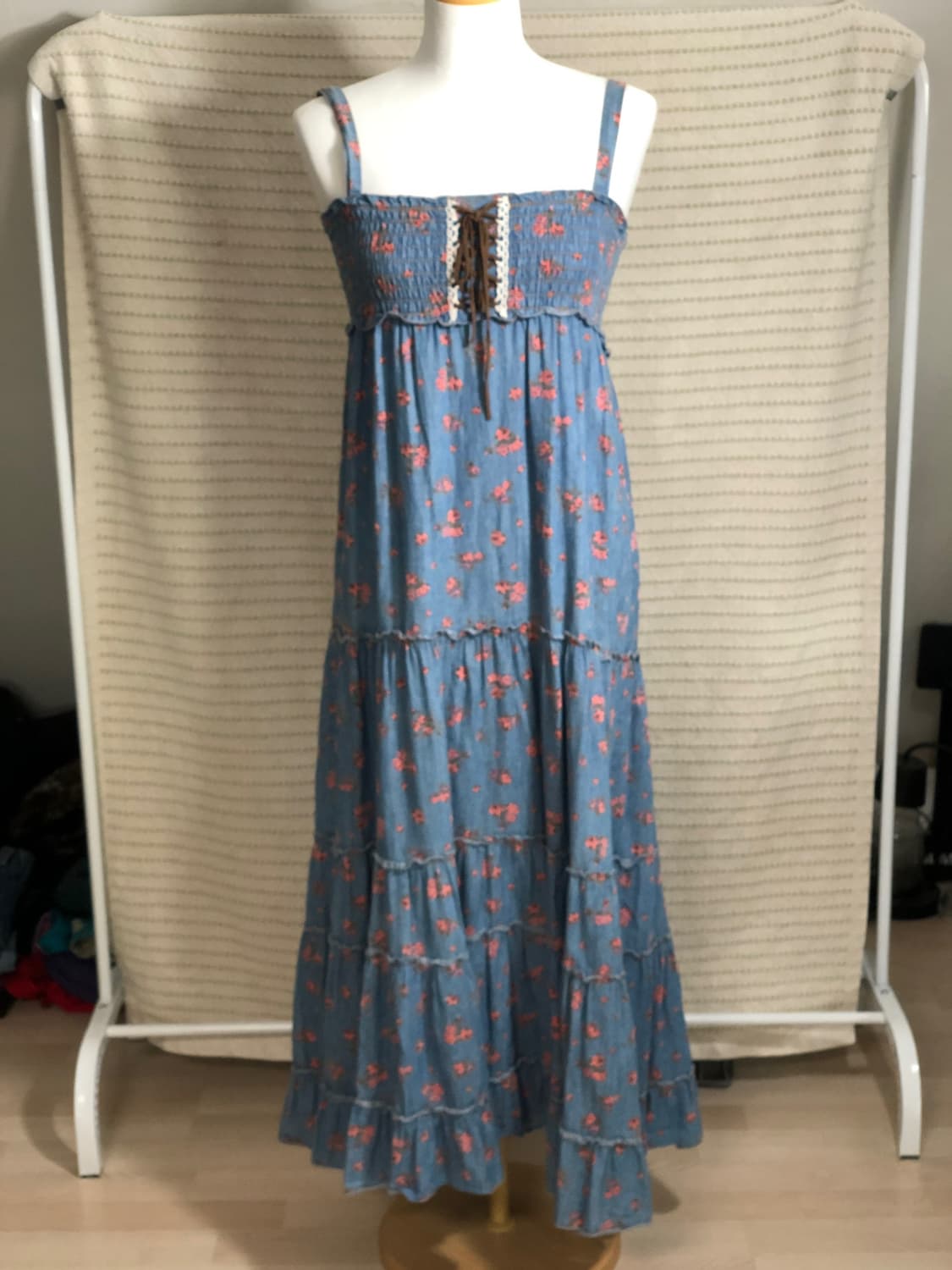 빈티지 가슴 밴딩 플라워 패턴 데님 롱 모리걸 원피스 상품이미지1