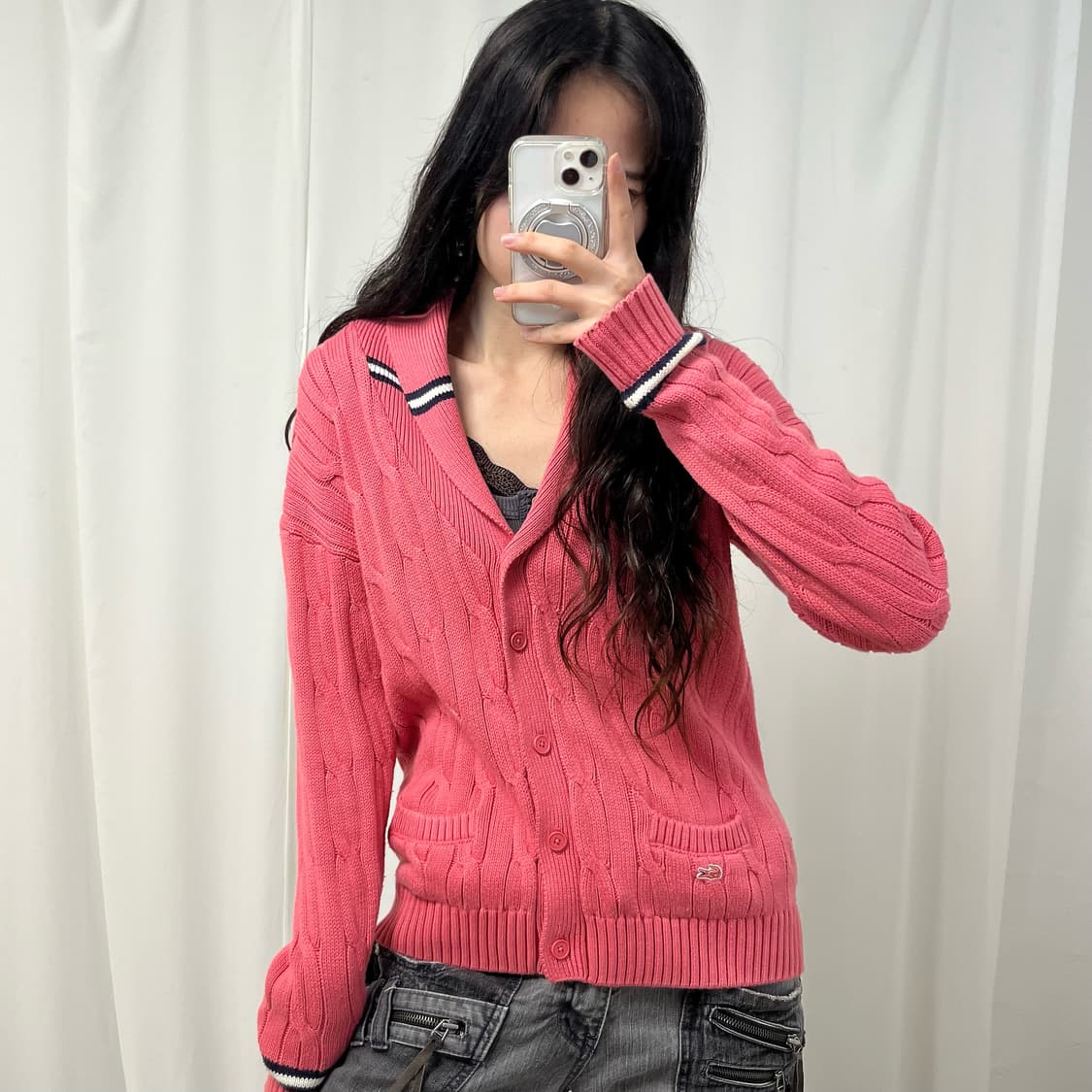 Lacoste pink shawl collar cardigan 상품이미지1