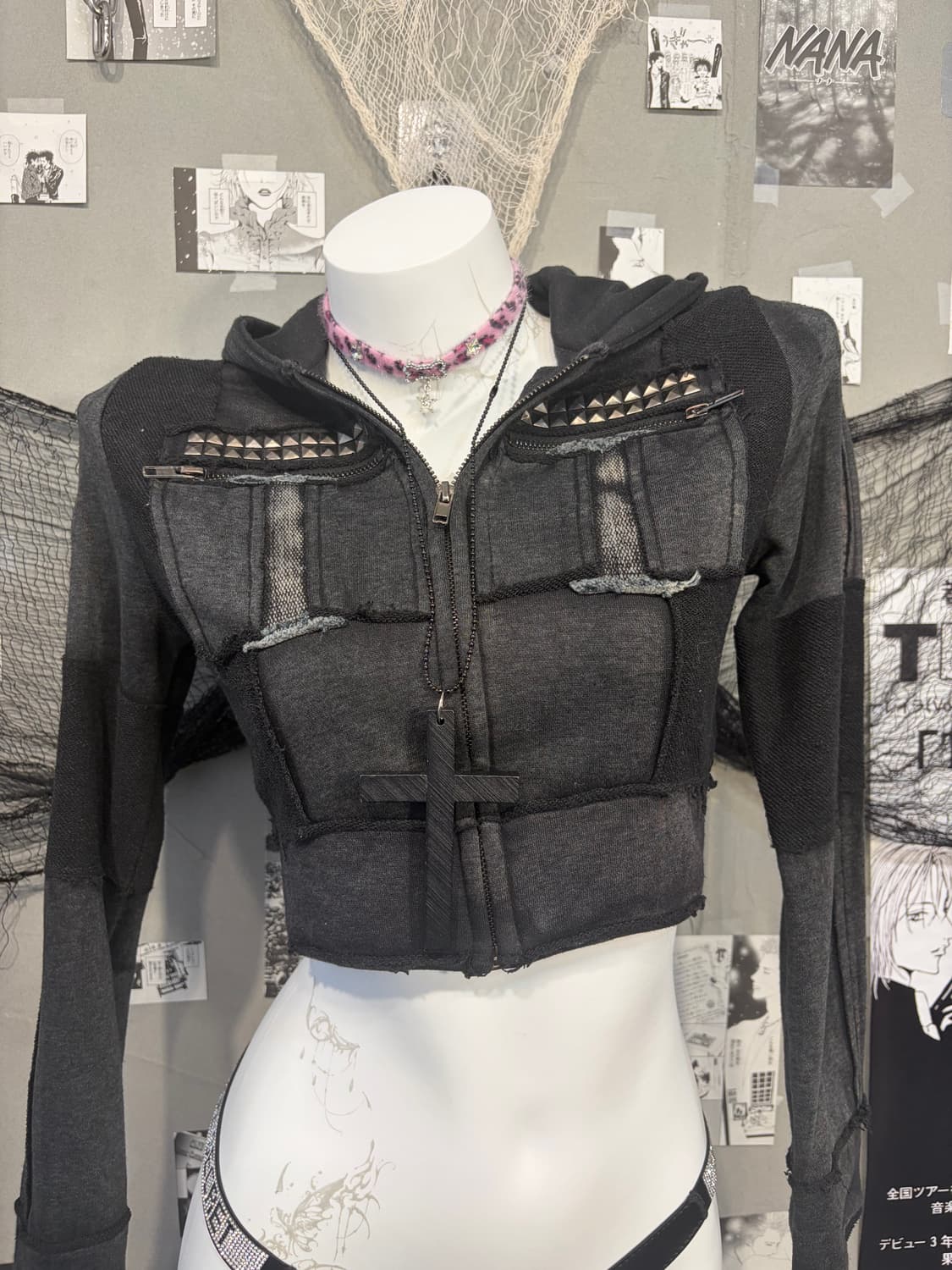 Gothic Stud Distressed Crop Hoodie zip  상품이미지7