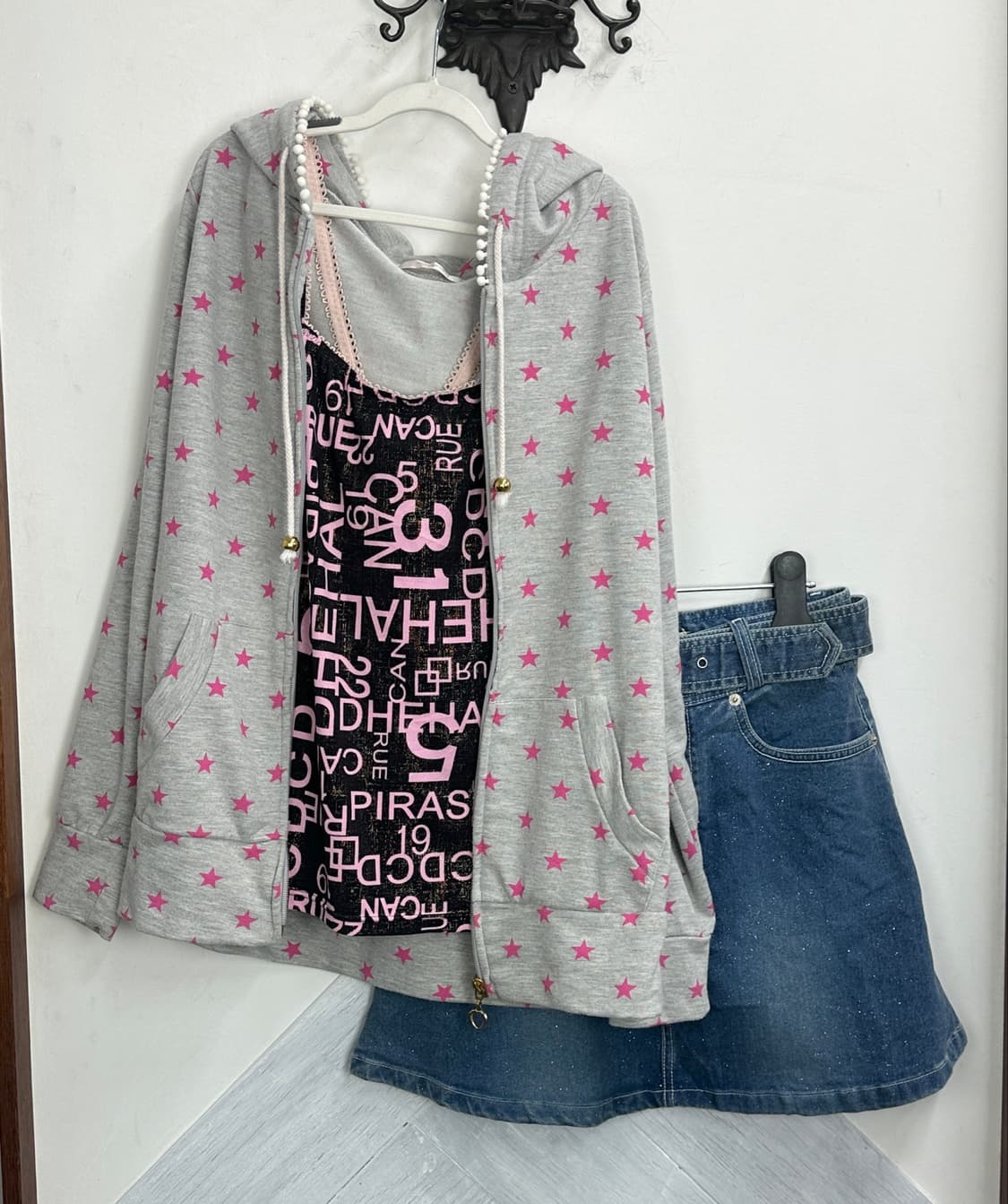 🍒팝갸루 오네갸루 코디세트🍒별 후드집업 데코라 데님 스커트 대장템 상품이미지3