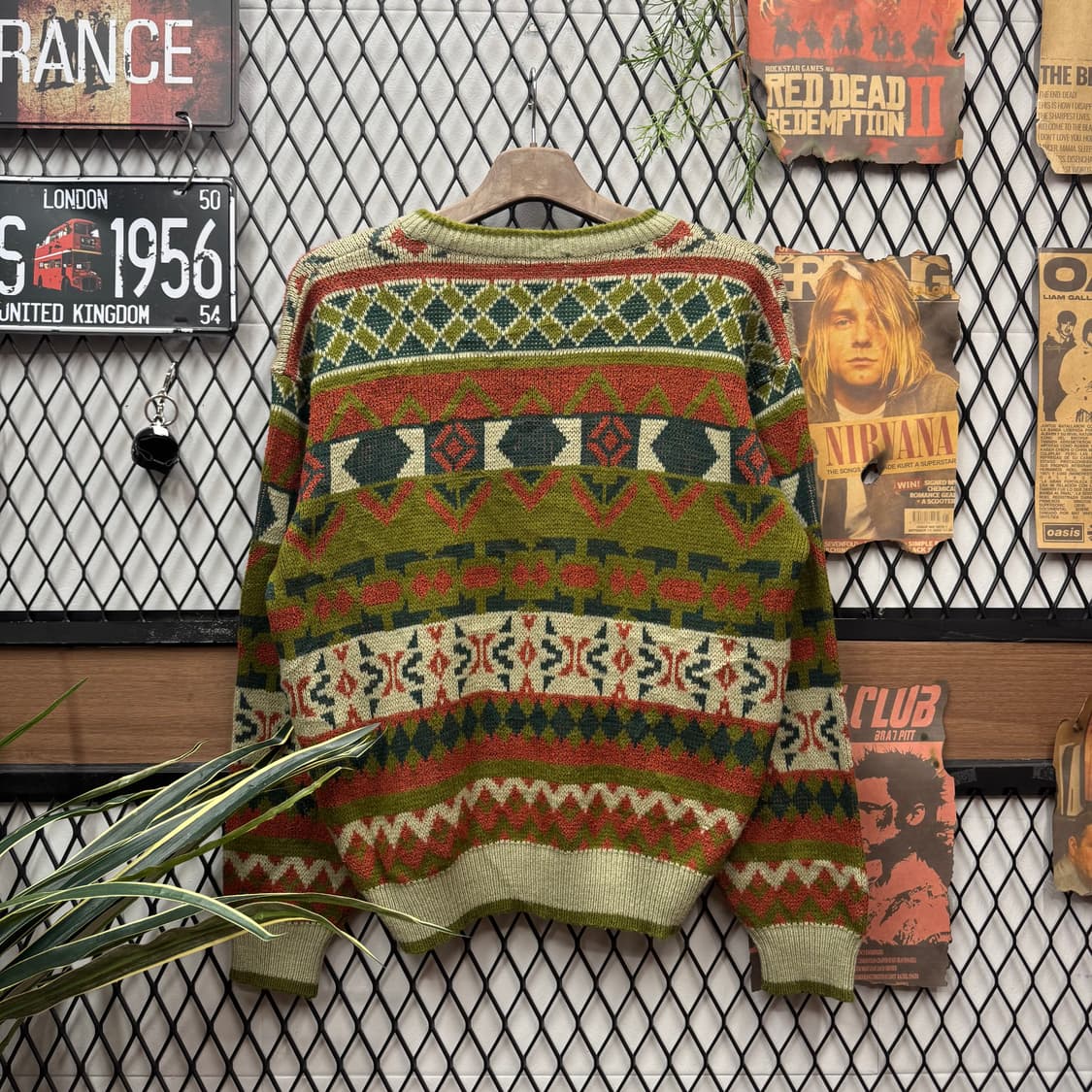 JPN VINTAGE 노르딕 패턴 울 니트 스웨터 그린 브라운 상품이미지2