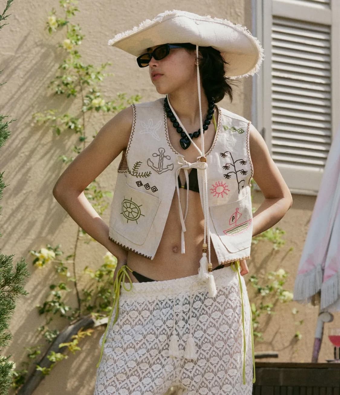 펜필드 린넨 테슬 디테일 스티치 두들 엠브로이더리 베스트 레이어드 조끼 상품이미지1