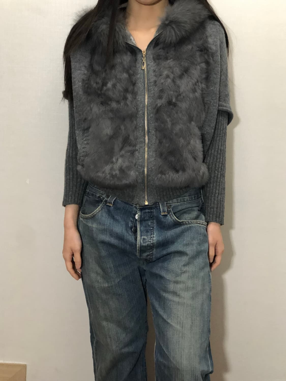 빈티지 그레이 퍼 니트 집업 상품이미지2