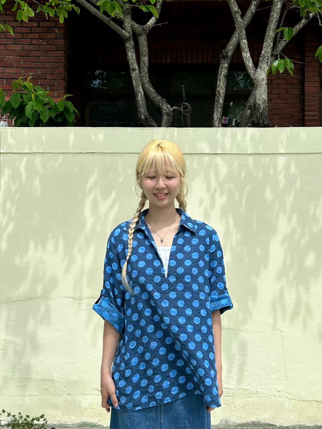 블루 도트 패턴 오픈 카라 셔츠 상품이미지1