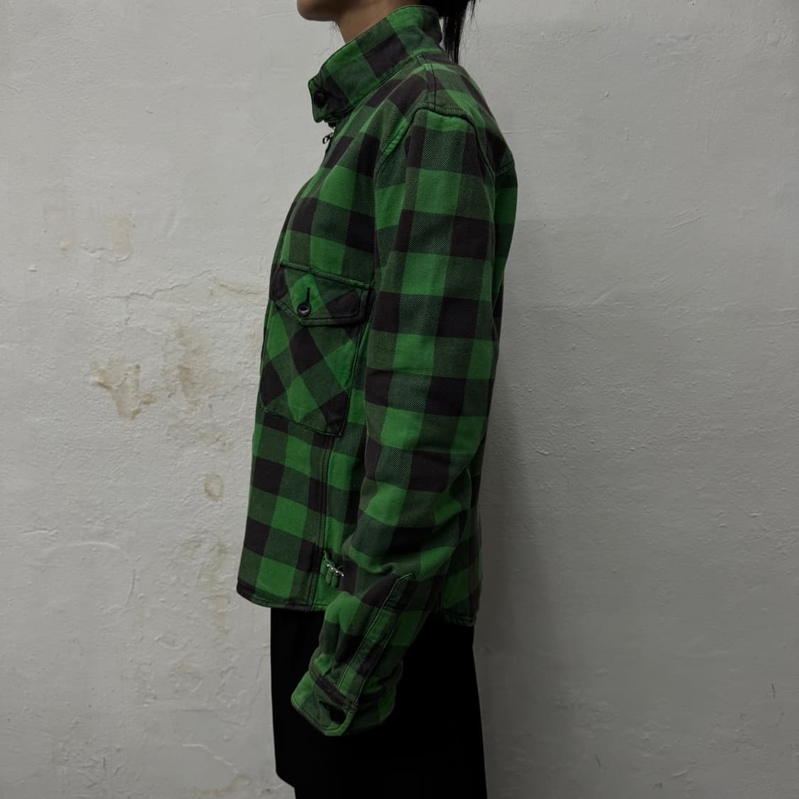 빔즈(BEAMS) 그린컬러 체크패턴 코튼 하이넥 라운드 컷 자켓 상품이미지2