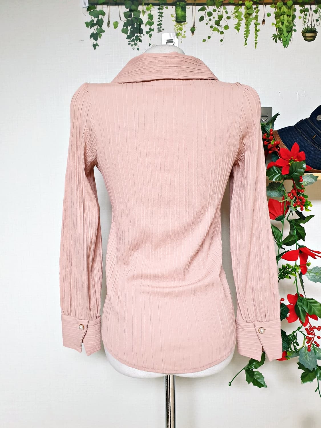 자스민 뾰족카라 스판 블라우스 55 66 핑크 상품이미지7