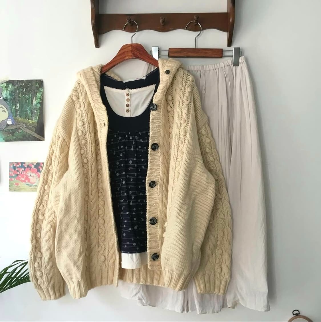 [착용샷] 빈티지 모리걸 코디세트 아이보리 후드 니트가디건 상품이미지1