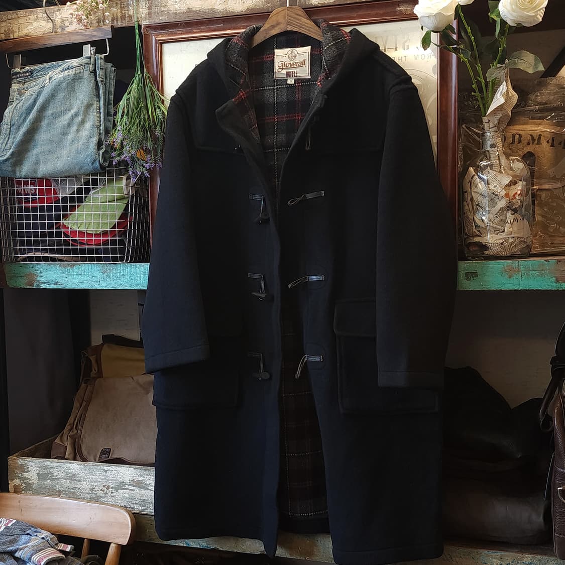 90s 글로버올 더플코트 잉글랜드 플레드 체크 빈티지 헤비울 코트 블랙S 상품이미지1