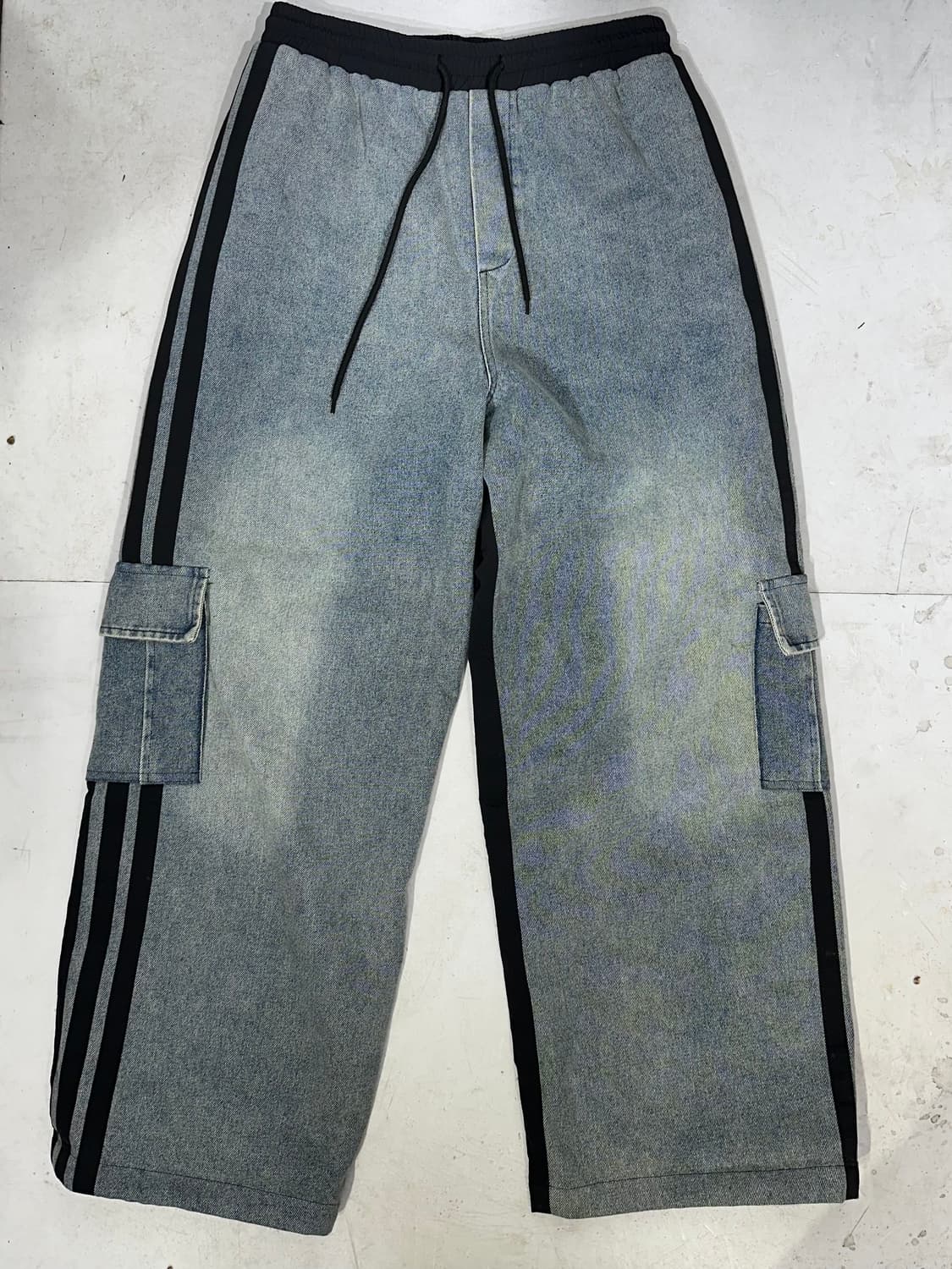 빈티지 연청 데님 사이드 라인 포인트 와이드 청 카고 팬츠 힙합 바지  상품이미지4